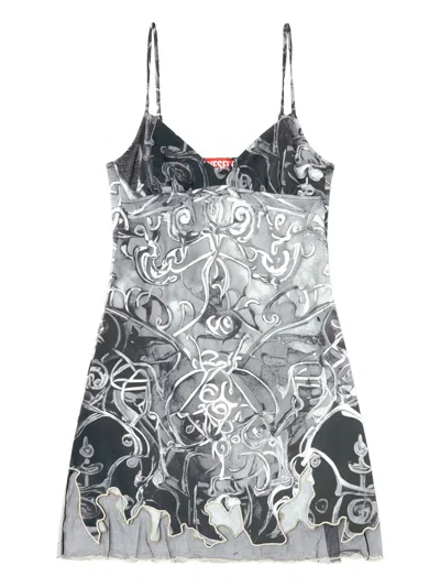 Diesel Nylon Mini Dress With Heraldic Print In Grey