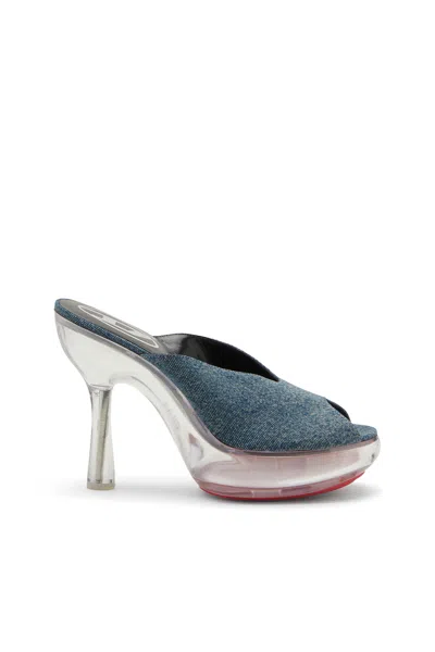 Diesel D-lake-platform Mules In Denim And Plexiglass