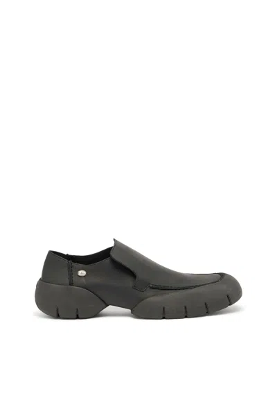 Diesel D-mathieu-brushed Leather Loafer With Rubber Sole In Black