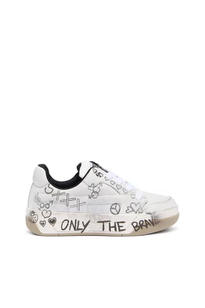 Diesel D-ollie-leather Sneakers With Graffiti Print In White