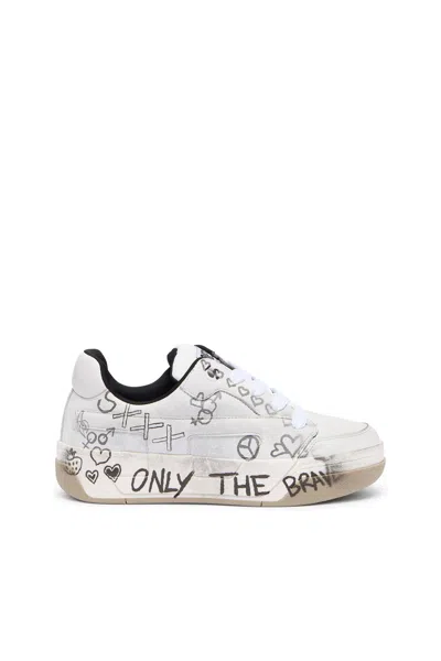 Diesel D-ollie-leather Sneakers With Graffiti Print In White