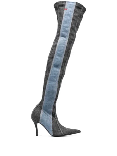Diesel D-venus Denim Knee Boots In Multi