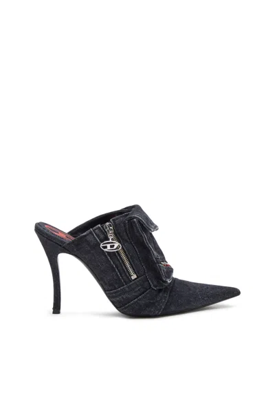Diesel D-venus-heeled Mules In Sun-faded Denim In Black