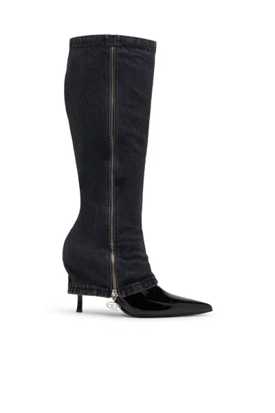 DIESEL D-VENUS-STILETTO KNEE BOOTS WITH JEAN TROMPE L'OEIL