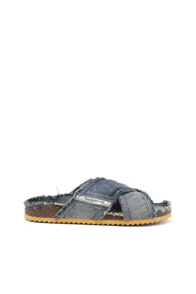 Diesel D-woodstock-crossover Slides In Frayed Denim In Blue