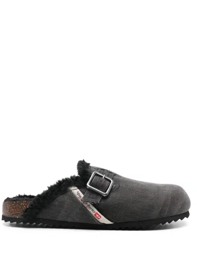 Diesel Woodstock Cotton Denim Mules In Black