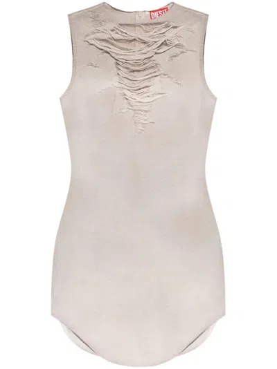 Diesel Short Cotton Dress With Tears In Beige