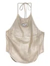 Diesel Halterneck Top With Curved Hem And Shine In Neutral