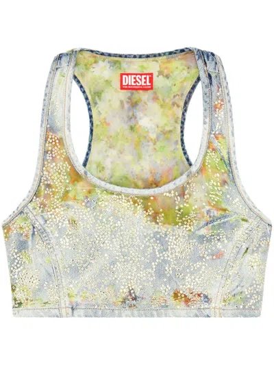 Diesel Cropped Top In Flower Devoré Denim In Yellow