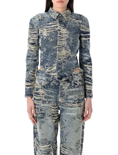 Diesel Broken Denim Cut-out Shirt In Blue