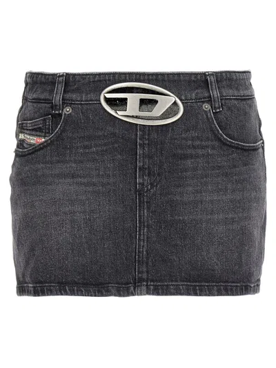 DIESEL 'DE-RON-S2' BLACK MINI-SKIRT WITH OVAL D LOGO BUCKLE AND CUT-OUT IN STRETCH COTTON DENIM WOMAN