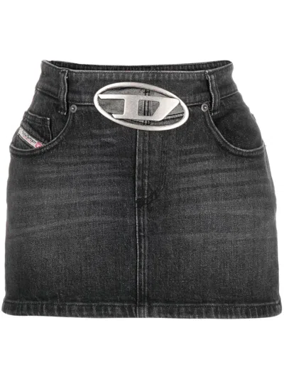 Diesel De-ron-s2 Gonna Black Sandblasted Denim Skirt With Oval Buckle - De Ron S2 In Grey