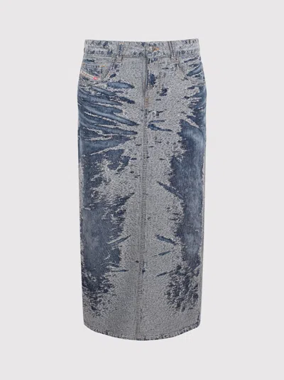 Diesel De-skye-s Midi Skirt In Distressed Jacquard Denim In Blue