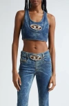 Diesel ® De-top-fse Racerback Denim Crop Top In Md. Indigo W/cabachon