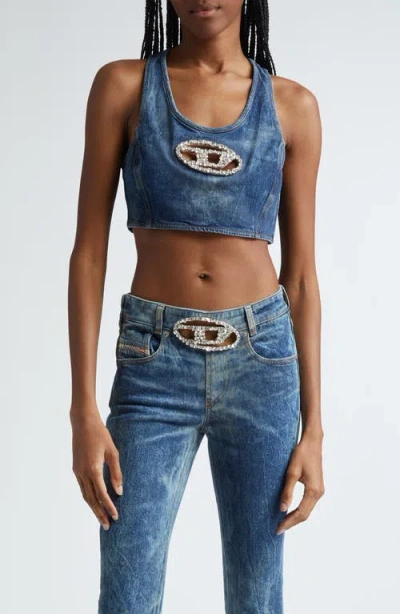 Diesel ® De-top-fse Racerback Denim Crop Top In Md. Indigo W/cabachon
