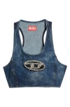 Diesel Denim Crop Top With Jewel Buckle In Md. Indigo W/ Cabachon