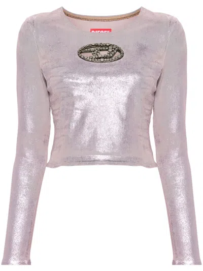 Diesel Stretch Denim Cropped Top With Metallic Finish In Pink
