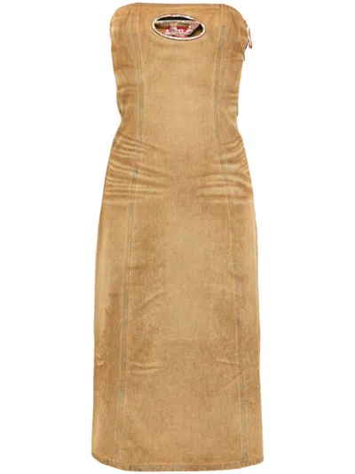 Diesel Denim Cotton Strapless Knee Length Dress In Brown
