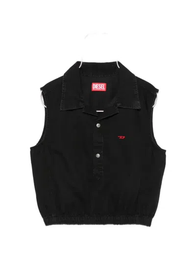 Diesel Mini Logo Embroidered Chest Shirt Collar Button-up Cotton Top In Black