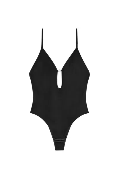 Diesel Deep V-neck Open-back Bodysuit With Tone-on-tone Oval D Metal Plate (size S) In Nero