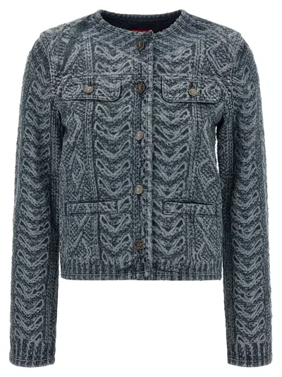 Diesel Collarless Jacket In Cable-knit-effect Denim In Blue