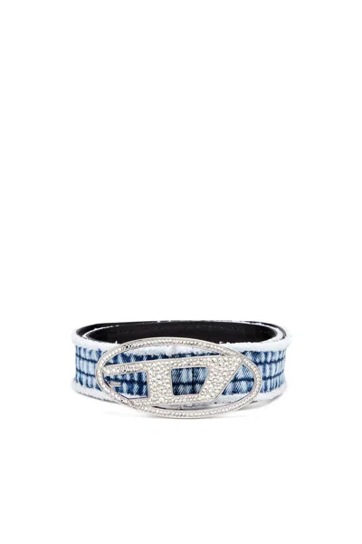 Diesel Denim And Leather Belt With Crystal Buckle In Blue