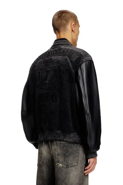 Diesel Denim And Leather Bomber Jacket In Black