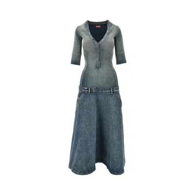 Diesel Denim And Ribbed Knit Low-rise Midi Dress In Blue