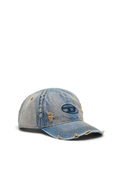 Diesel Denim Cap With Frayed Details And Embroidered Logo In Brown