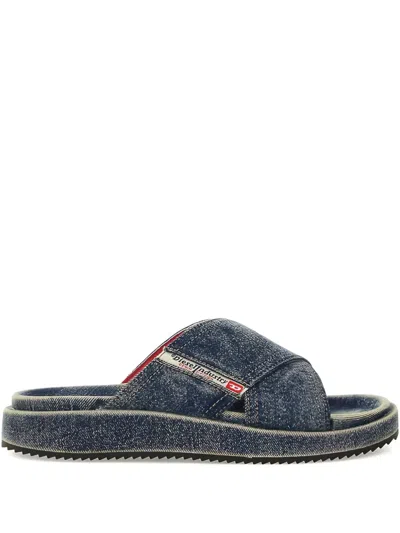 Diesel Denim Cross-strap Slides In Blue
