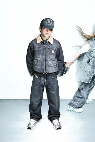 Diesel Kids' Denim Jacket With Shearling And Printed Logo In Gray