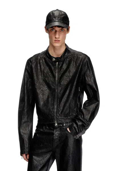 Diesel Denim Moto Jacket With Coated Front In Black