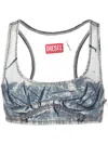 Diesel Denim-patchwork Mesh Top In Blue