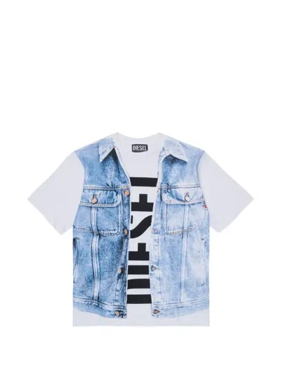 Diesel Kids' Denim-print T-shirt In Blue