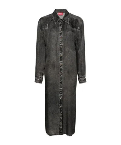 Diesel Denim-print Twill Shirtdress In Black