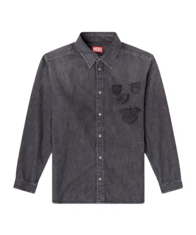 Diesel Denim Shirt With Back Embroidery In Black