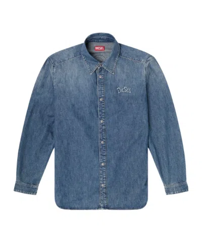 Diesel Denim Shirt With Embroidered Emblem In Blue