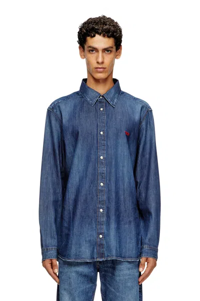 Diesel Denim Shirt With Embroidered Logo In Blue