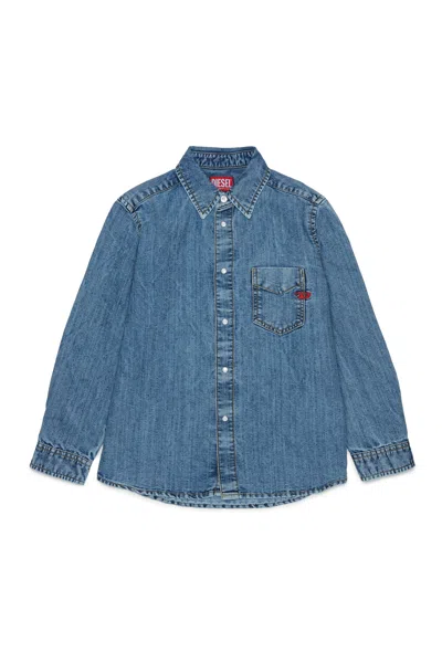 Diesel Kids' Denim Shirt With Logo In Gray