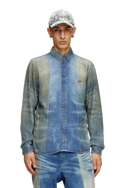 Diesel Denim Shirt With Solarised Folds In Blue