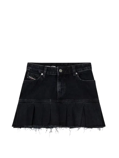 Diesel Denim Skirt With Frayed Pleated Hem In Black