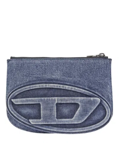 Diesel Denim Textured Shoulder Bag With Embossed Logo In Gray