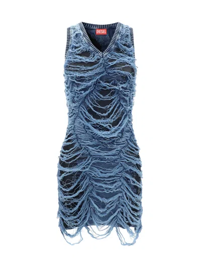 Diesel Short Dress In Destroyed Indigo Knit In Blue