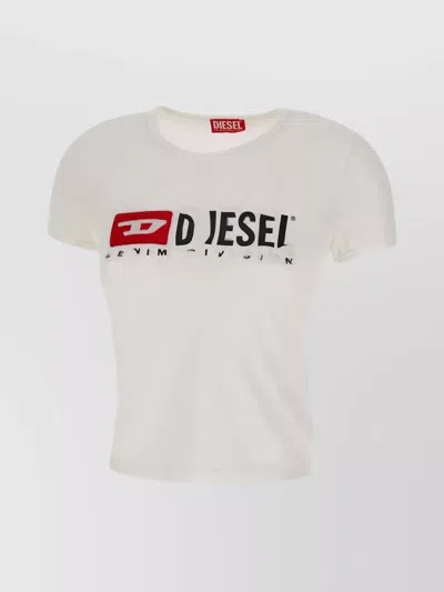 Diesel Destroyed Logo Print Cotton T-shirt In White