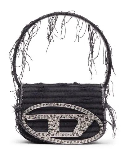 Diesel 1dr Black Shoulder Bag With Oval D Plaque With Rhinestones And Fringed Edges In Cotton And Leather B