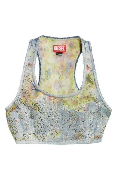 Diesel Detop Embellished Racerback Denim Crop Top In Lt. Indigo W/ Yellow Floral