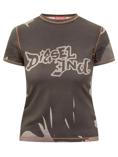 Diesel Black T-shirt With Logo Graphic In Brown