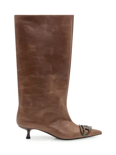 DIESEL DIESEL DIESEL BROWN LEATHER HIGH BOOTS WITH KITTEN HEEL AND POINTED TOE