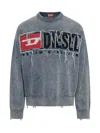 Diesel Distressed Crewneck Sweater With Ribbed Cuffs In Blue