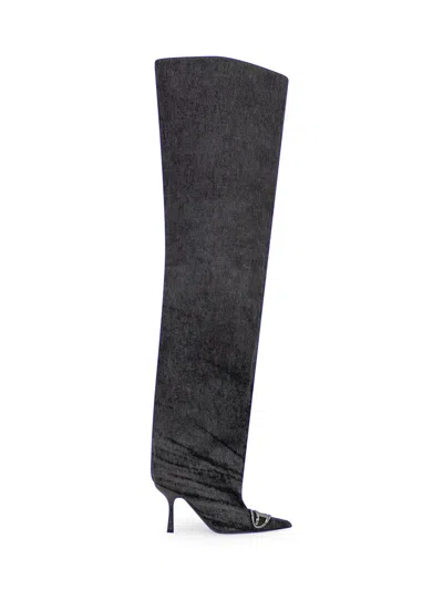Diesel High Boots In Black Denim With Stiletto Heel And Pointed Toe